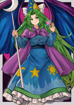 1girl blue_hat breasts cape closed_mouth commentary crescent_print ghost_tail green_eyes green_hair hat highres holding holding_staff light_smile long_hair long_sleeves looking_at_viewer magic mima_(touhou) purple_cape solo staff star_(symbol) star_print story_of_eastern_wonderland sun_print tentaizukan touhou touhou_(pc-98) very_long_hair wizard_hat