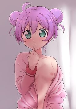 1girl ahoge breasts cardigan closed_mouth collarbone commentary_request dot_nose double-parted_bangs double_bun expressionless eyelashes finger_to_mouth green_eyes hair_between_eyes hair_bun highres index_finger_raised loli long_bangs long_sleeves looking_at_viewer manaka_laala manaka_laala_(normal) nipples no_bra open_cardigan open_clothes pink_cardigan pretty_series pripara purple_hair short_hair small_breasts solo tata_(tataice) upper_body