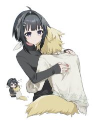 Rule 34 | 1boy, 1girl, 9kugai, ahoge, alternate costume, animal ears, arknights, bird girl, black hair, black shirt, blonde hair, brother and sister, commentary request, cropped torso, dog boy, dog ears, dog tail, expressionless, facing viewer, hair intakes, hair ornament, hairband, hairclip, hand on another&#039;s back, hand on another&#039;s head, hand on another&#039;s shoulder, highres, hug, inset, la pluma (arknights), parted lips, purple eyes, shirt, siblings, signature, simple background, step-siblings, tail, tequila (arknights), turtleneck, white background, white hairband, white shirt