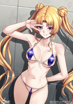 1girl adsouto arm_behind_back bikini bishoujo_senshi_sailor_moon blonde_hair blue_eyes breasts collarbone grin highres long_hair looking_at_viewer medium_breasts navel sailor_moon signature smile solo string_bikini swimsuit tsukino_usagi twintails v v_over_eye variant_set very_long_hair