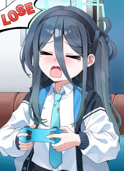 >_< 1girl absurdres aqua_halo aqua_necktie aris_(blue_archive) black_hair black_hairband black_jacket blue_archive blush collared_shirt commentary controller couch english_text furrowed_brow game_controller hair_between_eyes hairband halo highres holding holding_controller holding_game_controller indoors jacket long_bangs long_hair mixed-language_commentary multicolored_jacket necktie noa_(noa01010) nose_blush one_side_up open_mouth sad shirt sidelocks solo tearing_up tie_clip two-tone_jacket upper_body white_jacket white_shirt