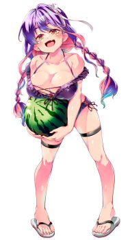 1girl bikini braid breasts colored_inner_hair commentary_request criss-cross_straps flip-flops food frilled_bikini frills fruit full_body hairband highres imu_sanjo kantai_collection large_breasts leaning_forward long_hair looking_at_viewer low_twin_braids multicolored_hair naganami_(kancolle) naganami_kai_ni_(kancolle) naganami_kai_ni_(swimsuit)_(kancolle) official_alternate_costume official_alternate_hairstyle open_mouth pink_hair purple_bikini purple_hair sandals slapping_breasts solo standing swimsuit thigh_strap twin_braids very_long_hair watermelon white_hairband yellow_eyes
