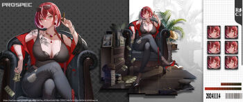 1girl ammunition banknote bare_shoulders black_bra black_jacket black_pants black_pantyhose black_tank_top book book_stack bra bra_peek braid breast_tattoo breasts brown_hat chair cigar cleavage crossed_bangs dated denim dollar_bill earrings eyewear_on_head fingernails flower_tattoo gem gun hair_between_eyes hat high_heels highres holding holding_cigar holding_money huge_breasts jacket jeans jewelry long_fingernails long_hair money multiple_expressions nail_polish necklace open_clothes open_jacket original pants pantyhose patent_heels phonograph pumps red_gemstone red_hair red_jacket red_soles rifle rong767361929 shoes short_hair_with_long_locks shoulder_tattoo single_braid sitting stiletto_heels sunglasses tank_top tattoo underwear unworn_hat unworn_headwear very_long_hair weapon white_streaks wooden_floor yellow_eyes