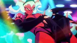 1girl animated armlet breasts cleavage collar colored_skin demon demon_girl demon_horns demon_wings elbow_gloves gloves grabbing_own_breast horns jewelry large_breasts long_hair looking_at_viewer navel panty_&amp;_stocking_with_garterbelt red_skin revealing_clothes scanty_(psg) spiked_armlet spiked_collar spikes spread_legs tagme video wings