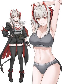 1girl absurdres antenna_hair arknights armpits arms_up black_boots black_coat black_shorts black_thighhighs boots bra breasts cleavage coat commentary controller demon_girl demon_horns demon_tail gongbangmanchi_(daisy_cutter) grey_bra grey_hair grey_panties high-waist_shorts highres holding holding_remote_control horns large_breasts looking_at_viewer multicolored_hair multiple_views navel orange_eyes panties remote_control shorts stomach stretching tail tank_top thighhighs underwear w_(act_ii)_(arknights) w_(arknights) white_tank_top