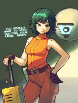 1girl annoyed bare_arms belt breasts brown_belt brown_gloves chainsword commentary contrapposto cowboy_shot english_commentary english_text fingerless_gloves gloves green_background green_eyes green_hair half-closed_eyes hand_on_own_hip highres horsefeathers jumpsuit medium_breasts midair motorslice multiple_moles open_mouth orange_jumpsuit orb orbie p_(motorslice) planted planted_sword sand sidelighting sideways_glance single_fingerless_glove sleeveless_jumpsuit solo standing sword talking tomboy tsurime turtleneck_jumpsuit twitter_username two-tone_background typo v-shaped_eyebrows vertical-striped_jumpsuit weapon yellow_background
