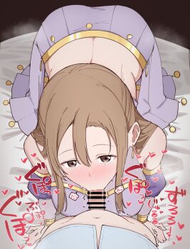 2girls :>= all_fours ass bar_censor bare_back bare_shoulders bed_sheet blush bracelet breasts brown_eyes brown_hair butt_crack butterfly_(love_live!) censored dress earrings fellatio from_above futanari heart highres jewelry konoe_kanata/haruka's_mother large_breasts liz_(piyoko_piyop) long_hair looking_at_viewer looking_up love_live! love_live!_nijigasaki_high_school_idol_club midriff moaning motion_lines multiple_girls navel nijigasaki_school_uniform no_panties on_bed oral pov purple_dress purple_skirt school_uniform short_sleeves single_earring skirt sound_effects speech_bubble sweat takasaki_yu trembling yuri