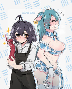 2girls ahoge alternate_costume an_sin anal_beads anal_tail animal_ears animal_print aqua_hair artist_name bikini black_hair black_overalls blue_bikini blue_skirt blush border bow breasts butt_plug closed_eyes collared_shirt commentary cow_ears cow_horns cow_print cow_print_bikini cow_tail detached_collar ear_tag fake_tail flying_sweatdrops frilled_gloves frills full-face_blush gloves hair_between_eyes highres hiiragi_utena holding horns large_breasts long_hair lubrication mahou_shoujo_ni_akogarete minakami_sayo multiple_girls official_alternate_costume open_mouth outside_border overalls pleated_skirt print_bikini print_skirt red_gloves sex_toy shirt short_hair simple_background skirt sparkle sweat swimsuit tail thighhighs twitter_username white_background white_bikini white_gloves white_shirt white_skirt white_thighhighs yellow_eyes