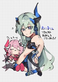 :3 bare_shoulders black_gloves blue_eyes blush_stickers closed_eyes closed_mouth commentary_request cropped_torso gloves green_hair grey_background grid_background hair_between_eyes hanaguruma_(hana96ma) highres honkai_(series) honkai_impact_3rd horns liliya_olenyeva long_hair looking_at_viewer pink_hair rozaliya_olenyeva short_eyebrows single_horn thick_eyebrows translation_request upper_body very_long_hair