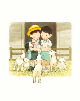 2boys baby_animal belt black_hair child fence grass highres lamb multiple_boys on_su original school_uniform sheep shirt short_sleeves shorts white_shirt wooden_wall