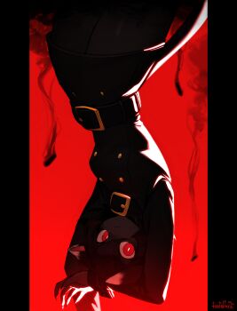 1girl 2020 animal_ears animal_nose artist_name belt black_fur black_hair black_jacket black_tail borrowed_character breasts bright_pupils buttons cat_(colo_(nagrolaz)) cat_ears cat_girl cat_tail closed_mouth colored_inner_animal_ears commentary cowboy_shot double-breasted english_commentary expressionless fingernails furry furry_female gold_buttons highres jacket long_fingernails long_sleeves looking_at_viewer medium_breasts original pillarboxed pollen red_background red_eyes sharp_fingernails shell_casing short_hair simple_background sio_(fireflufferz) sleeve_cuffs slit_pupils solo tail underwater upside-down white_pupils