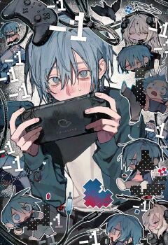 1boy 2girls @_@ animal bad_tag bird blood blush cable chibi controller covering_privates crow flower game_controller gamepad halo handheld_game_console helmet highres holding inset jacket long_hair multiple_girls nervous ooking outline pants sebone_long shirt sweat sweatdrop video_game views wide-eyed