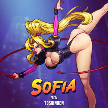 1girl ass blonde_hair blue_eyes breasts character_name cleavage female_focus jiggeh large_breasts leotard long_hair lowres ponytail smile sofia solo thong_leotard toushinden