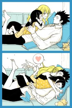 1boy 2girls ansatsu_kyoushitsu artist_name black_hair blonde_hair child couch couple family father_and_daughter highres hug irina_jelavic karasuma_tadaomi magarimame mother_and_daughter multiple_girls on_couch signature watermark