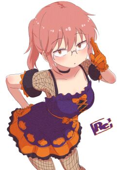 1girl :o alternate_costume belt bow breasts brown_eyes collarbone commentary_request cowboy_shot crossed_fingers dress fishnet_leggings fishnet_sleeves fishnets glasses gloves halloween hand_on_own_thigh highres kobayashi-san_chi_no_maidragon kobayashi_(maidragon) large_breasts leaning_forward light_blush open_mouth orange_belt orange_bow orange_gloves orange_ribbon orange_trim pink_hair ponytail pumpkin_print purple_dress reiwa_rerere ribbon salute short_hair short_sleeves signature simple_background solo swept_bangs two-finger_salute white_background