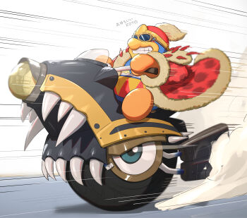 1boy beak bird driving fangs fur_trim goggles gonzarez hat highres king_dedede kirby_(series) kirby_air_ride kirby_air_riders male_focus motorized_unicycle nintendo open_mouth penguin red_robe riding robe sunglasses teeth unicycle wheelie_(kirby)