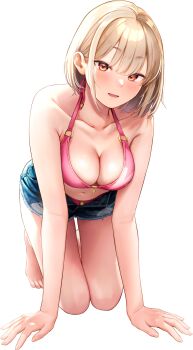 Rule 34 | 1girl, 5saiji, arm support, bare arms, bare shoulders, barefoot, bikini, bikini bottom under shorts, bikini under clothes, blonde hair, blush, breasts, check copyright, cleavage, collarbone, copyright request, denim, denim shorts, hair between eyes, highres, jeans, kneeling, komiflo, leaning forward, logo print, navel, o-ring, o-ring bikini, open fly, open mouth, orange eyes, original, pants, pink bikini, short eyebrows, short hair, short shorts, shorts, smile, solo, straight hair, swimsuit, torn clothes, torn jeans, torn pants, transparent background, tsurime, zipper