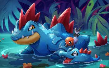 bird closed_eyes closed_mouth desiree_moffatt feraligatr fletchling flower gen_2_pokemon gen_6_pokemon grass lily_pad nintendo no_humans nostrils on_head open_mouth outdoors pokemon pokemon_(creature) pokemon_focus pokemon_on_head pokemon_tcg second-party_source sharp_teeth smile spines swimming teeth totodile water yellow_eyes