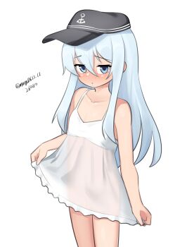 1girl absurdres alternate_costume black_hat blue_eyes dated feet_out_of_frame flat_cap flat_chest hat hibiki_(kancolle) highres kantai_collection lingerie loli long_hair maru_(marg0613) negligee one-hour_drawing_challenge see-through_clothes simple_background skirt_hold solo standing twitter_username underwear white_background white_negligee