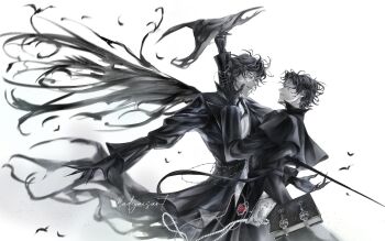 2boys ajsaart amon_(lord_of_the_mysteries) black_capelet black_eyes black_gloves black_hair black_jacket black_wings book capelet cowboy_shot falling_feathers feathered_wings feathers frills glasses gloves highres jacket jewelry klein_moretti looking_at_another lord_of_the_mysteries male_focus messy_hair multiple_boys necklace outstretched_arms parted_lips pearl_necklace shirt short_hair single_wing smirk white_shirt wind wings