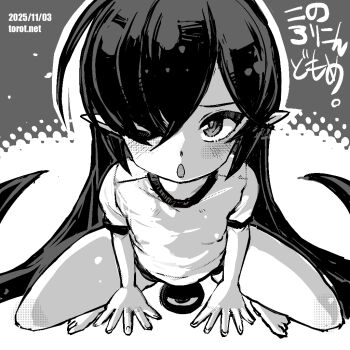 1girl ;o backbeako_(torotei) backbeard barefoot blush breasts commentary covered_erect_nipples dated dated_commentary gegege_no_kitarou grey_background greyscale gym_shirt gym_uniform hair_over_one_eye kono_lolicon_domome loli long_hair looking_at_viewer monochrome one_eye_closed open_mouth original paid_reward_available pointy_ears shirt short_sleeves simple_background small_breasts solo squatting straight-on torotei translated two-tone_background very_long_hair watermark web_address white_background