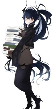 1girl bahamut_(nikke) black_horns black_jacket black_liquid black_thighhighs blue_hair bodystocking bodysuit book book_stack brown_bodystocking cain_lk closed_mouth commentary cropped_jacket from_side full_body glasses goddess_of_victory:_nikke hair_intakes high_heels high_ponytail highres holding holding_book horns jacket liquid_clothes long_hair looking_at_viewer mole mole_under_mouth ponytail red_eyes simple_background smile solo standing thighhighs turning_head very_long_hair white_background