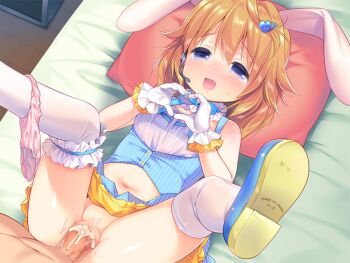 1boy 1girl :d animal_ears bare_shoulders blue_dress blue_eyes blue_shoes blush censored chishima_mako cum cum_in_pussy cum_overflow dress erection fang game_cg gloves hair_between_eyes hair_ornament hands_up headset heart heart_hair_ornament heart_hands hetero indoors large_variant_set loli lying medium_hair mosaic_censoring navel no_panties non-web_source on_back on_bed open_mouth orange_hair panties penis pillow pink_panties piyodera_mucha pussy rabbit_ears sex shoe_soles shoes sleeveless sleeveless_dress smile soushisouai_lolita_no_seikatsu spread_legs striped_clothes striped_dress thighhighs underwear vaginal variant_set vertical-striped_clothes vertical-striped_dress white_gloves white_thighhighs