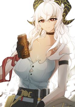 1girl absurdres akaze07 arm_strap bare_shoulders black_choker black_gloves black_horns black_pants breasts button_gap can choker collarbone commentary curled_horns drink_can earrings english_commentary gloves highres holding holding_can horns jewelry key_earrings large_breasts long_hair long_neck looking_at_viewer mole mole_on_breast mole_under_eye necktie necktie_around_wrists pants red_eyes red_necktie shirt shirt_tucked_in signature simple_background solo white_background white_hair white_shirt wuthering_waves yellow_pupils zani_(wuthering_waves)
