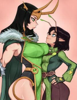 2girls alternate_form antennae asymmetrical_docking black_hair blue_eyes breast_press breasts cape commentary english_commentary eye_contact eyelashes fake_horns fingerless_gloves frown fur-trimmed_cape fur_trim gloves gold_headwear green_cape green_eyes guardians_of_the_galaxy hands_on_own_hips highres horned_headwear horned_tiara horns lady_loki leotard loki_(marvel) looking_at_another looking_down looking_up mantis_(marvel) marvel marvel_rivals multiple_girls official_alternate_design orangtheman pelvic_curtain pointy_ears size_difference small_breasts smile tall_female thighs thor_(marvel)_(series) tiara yuri