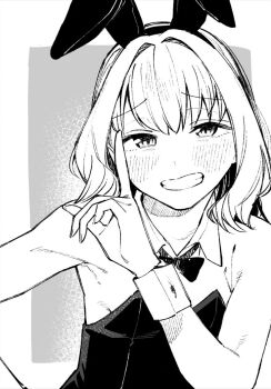 1boy animal_ears bare_shoulders blush clenched_teeth commentary_request fake_animal_ears grey_background greyscale grin index_finger_raised looking_at_viewer male_focus monochrome muchi_maro otori_tan playboy_bunny rabbit_ears seitokai_ni_mo_ana_wa_aru! smile solo teeth two-tone_background