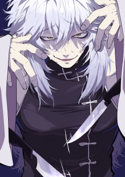 1boy absurdres bags_under_eyes black_dress commentary_request dress fingernails grey_hair hair_between_eyes highres kengan_(series) kengan_omega looking_at_viewer male_focus narrowed_eyes nekoma_hikaru pale_skin parted_lips simple_background solo sword upper_body weapon white_hair wide_sleeves xia_ji yellow_eyes