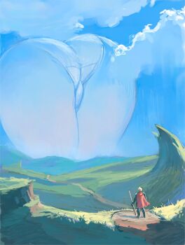 1boy 1girl ass blonde_hair blue_sky cameltoe cape cloud day from_behind full_body giant giantess grand_scale grass holding holding_polearm holding_weapon huge_ass jpeg_artifacts mountain original outdoors panties path polearm red_cape road scenery short_hair sketch sky spear standing thighs underwear vertigris weapon what white_panties