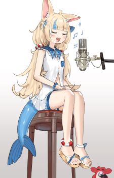 1girl absurdres advarcher animal_ears blonde_hair blue_hair bug cat_ears cheering closed_eyes crab fins fish_girl fish_tail full_body glowstick hair_ornament hair_scrunchie highres indie_virtual_youtuber kaniki_(sameko_saba) microphone multicolored_hair music musical_note one_side_up open_mouth sameko_saba sandals scrunchie simple_background singing sitting sleeveless solo spider stool streaked_hair tail virtual_youtuber white_background wrist_scrunchie