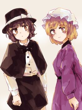 2girls black_bow black_bowtie black_capelet black_hat black_skirt blonde_hair blush bow bowtie brown_eyes brown_hair buttons capelet collared_shirt commentary cowboy_shot dress expressionless from_side hat hat_bow head_tilt highres long_sleeves maribel_hearn mob_cap multiple_girls purple_dress shirt shirt_tucked_in simple_background skirt smile touhou usami_renko waist_ribbon wasabisuke white_background white_hat white_shirt yellow_eyes