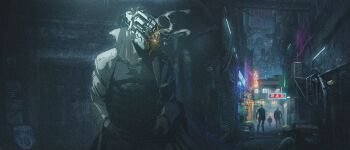 1boy 3others alley black_shirt blueland brown_coat building cigarette city coat commentary condenser_unit cowboy_shot cyberpunk cyborg english_commentary film_grain gun hand_in_pocket handgun highres industrial_pipe inui_juuzou male_focus multiple_others neon_lights night no_guns_life object_head open_clothes open_coat outdoors power_lines revolver science_fiction shirt smoke smoking solo_focus standing trench_coat weapon