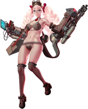 1girl absurdres armpits artist_request bare_shoulders black_bow blue_eyes bow bra breasts brooke_(crystal_maidens) cleavage closed_mouth covered_erect_nipples crystal_maiden_(series) full_body game_cg glasses goggles goggles_on_head gun hair_bow highres lace lace_bra lace_panties machine_gun mechanical_arms navel nipples official_art panties red_bow screen see-through_bra see-through_clothes solo strap transparent_background underwear weapon white_hair