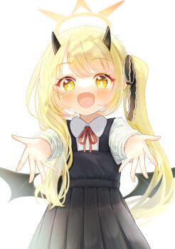 1girl :d black_dress black_horns black_ribbon black_wings blonde_hair blue_archive blush bright_pupils collared_shirt commentary_request demon_girl demon_horns demon_wings dress hair_ribbon halo highres horns ibuki_(blue_archive) long_hair long_sleeves looking_at_viewer low_wings neck_ribbon open_mouth outstretched_arms partial_commentary pinafore_dress pleated_dress reaching reaching_towards_viewer red_ribbon ribbon shirt simple_background sleeveless sleeveless_dress smile solo straight-on suchiimu very_long_hair white_background white_pupils white_shirt wings yellow_eyes yellow_halo