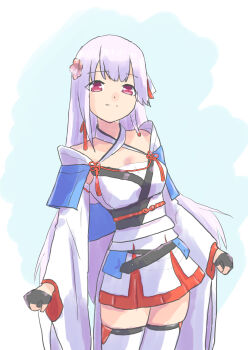 1girl absurdres arms_at_sides assault_lily bare_shoulders belt black_belt black_gloves blue_background braid breasts closed_mouth commentary_request cowboy_shot criss-cross_halter detached_sleeves fingerless_gloves flower flower_knot funada_ui gloves grey_hair hair_flower hair_ornament hair_ribbon half_gloves halterneck highres japanese_clothes kimono kimono_skirt light_smile long_hair long_sleeves looking_at_viewer medium_breasts obi obijime pink_eyes pink_flower red_ribbon ribbon sash short_kimono side_braid single_braid sleeveless sleeveless_kimono solo standing tai_(tai_qqy42wgd) tassel thighhighs two-tone_background very_long_hair white_background white_kimono white_ribbon white_thighhighs wide_sleeves zettai_ryouiki