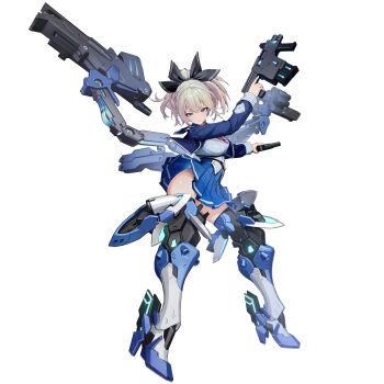absurdres ass black_bow black_ribbon blonde_hair blue_jacket blue_skirt bow breasts dual_wielding gun hair_bow hair_ribbon highres holding holding_gun holding_weapon jacket kaze_(starward) large_breasts long_sleeves mecha_musume mechanical_legs miniskirt neck_ribbon non-web_source official_art panties ponytail ribbon school_uniform shirt skirt starward thighs underwear weapon white_shirt
