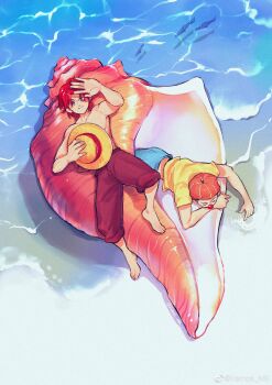 2boys absurdres beach blue_pants brown_pants buggy_the_clown closed_eyes clown_nose conch fish from_above hat highres holding holding_unworn_clothes holding_unworn_hat male_focus multiple_boys ocean one_piece orange_hat oversized_object pants red_hair ripples shanks_(one_piece) shore short_hair topless_male unworn_hat unworn_headwear vamos_mk