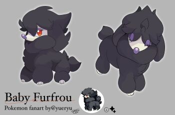 ^_^ alternate_color animal_focus artist_name baby_animal character_name closed_eyes copyright_name english_text facing_viewer full_body furfrou gen_6_pokemon grey_background half-closed_eyes looking_at_viewer multiple_views neck_fur nintendo no_humans pixel_art_inset pokemon pokemon_(creature) red_eyes shiny_pokemon signature simple_background standing twitter_username yueryu_(taroyuer2)