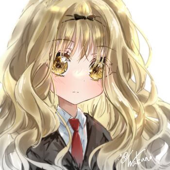 Rule 34 | 1girl, black jacket, blonde hair, close-up, collared shirt, commentary request, highres, jacket, looking at viewer, mashiro rima, necktie, red necktie, school uniform, shirt, shugo chara!, simple background, solo, upper body, wakuno lemon, wavy hair, white background, white shirt, yellow eyes