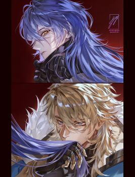 2boys absurdres black_coat black_gloves blonde_hair blue_eyes blue_hair closed_mouth coat collared_coat facial_scar flins_(genshin_impact) genshin_impact gloves hair_between_eyes high_collar highres kissing_hair long_hair long_sleeves male_focus mullet multiple_boys no_pupils ocmari21140 scar scar_on_cheek scar_on_face varka_(genshin_impact) yaoi yellow_eyes