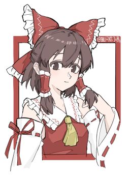 Rule 34 | 1girl, absurdres, artist name, ascot, bare shoulders, border, bow, brown hair, commentary, detached sleeves, frilled bow, frilled hair tubes, frills, hair bow, hair tubes, hakurei reimu, highres, looking at viewer, nontraditional miko, outside border, red border, red bow, red shirt, ribbon-trimmed sleeves, ribbon trim, shirt, short hair, shuiwennilema, sidelocks, simple background, sleeveless, sleeveless shirt, solo, touhou, upper body, white background, yellow ascot