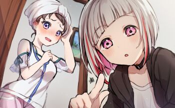 Rule 34 | 2girls, black choker, black jacket, bob cut, breasts, choker, colored inner hair, commentary request, diagonal bangs, embarrassed, fujishima megumi, fujishima megumi (summer training wear), highres, hood, hooded jacket, inverted bob, jacket, kyaku tasu, link! like! love live!, looking at viewer, love live!, medium breasts, multicolored hair, multiple girls, o-ring, o-ring choker, off-shoulder shirt, off shoulder, open clothes, open jacket, pointing, pointing at viewer, purple hair, raised inner eyebrows, red streaks, shirt, short hair, signature, sleeveless, sleeveless shirt, streaked hair, sweatdrop, towel, towel on head, virtual youtuber, wavy mouth, white hair, white shirt, yugiri tsuzuri, yugiri tsuzuri (summer loungewear)