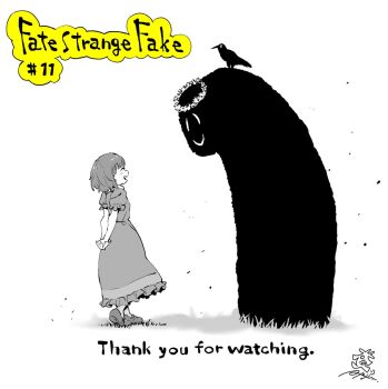 Rule 34 | 1girl, animal, animal on head, arms behind back, bird, bird on head, blush, closed eyes, commentary request, dress, episode number, fate/strange fake, fate (series), flower wreath, full body, greyscale, highres, kuruoka tsubaki, masuyama ryouji, medium hair, monochrome, on head, pale rider (fate), smile, spot color, standing