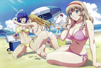 00s 4girls absurdres adjusting_hair antenna_hair ass barefoot beach bent_over bikini blue_eyes blue_hair bracelet breasts brown_hair can cleavage cloud cooler curvy day earrings eyepatch fang feet fishing full_body green_eyes hairband highres hug huge_filesize ikkitousen ikkitousen_great_guardians innertube jewelry kneeling kneepits large_breasts long_hair lotion md5_mismatch megami_magazine midriff multiple_girls navel orange_hair outdoors rin-sin ryomou_shimei scan shark shokatsuryou_koumei side-tie_bikini_bottom sideboob sitting sky smile soles sonken_chuubou sonsaku_hakufu surprised swim_ring swimsuit thick_thighs thighs toes trefoil umbrella underboob water wide_hips