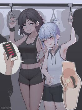 1boy 1girl absurdres anal anal_object_insertion armpits bad_id bad_pixiv_id black_hair bladder breasts bright_pupils controller cross-section femdom grey_hair hetero highres hood hoodie lan_mao_akko medium_breasts object_insertion original pink_eyes prostate prostate_massage prostate_milking public_indecency public_vibrator remote_control remote_control_vibrator sex_toy sleeveless sleeveless_hoodie smile sounding train_interior trap urethral_beads urethral_insertion vibrator vibrator_under_clothes white_pupils wireless_sex_toy_controller x-ray