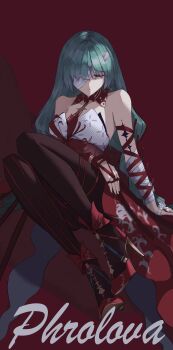 1girl absurdres arm_across_waist arm_support bandage_over_one_eye bare_shoulders black_pantyhose breasts character_name closed_eyes closed_mouth commentary double_slash_(uphx3853) dress earrings facing_viewer full_body grey_hair halter_dress halterneck high_heels highres jewelry large_breasts long_hair pantyhose phrolova_(wuthering_waves) red_background red_dress red_shoes shoes sitting solo tacet_mark_(wuthering_waves) wuthering_waves