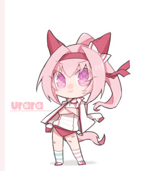 1girl :3 animal_ears bandaid bandaid_on_leg beer_hsk bow buruma character_name chibi closed_mouth commentary_request contrapposto crossed_arms ear_bow flower-shaped_pupils full_body gym_shirt hairband haru_urara_(bestest_prize)_(umamusume) haru_urara_(umamusume) horse_ears horse_girl horse_tail jacket jacket_on_shoulders purple_eyes red_buruma red_hairband red_shoes shadow shirt shoes socks solo standing striped_clothes striped_socks symbol-shaped_pupils tail umamusume v-shaped_eyebrows white_background white_bow white_jacket white_shirt